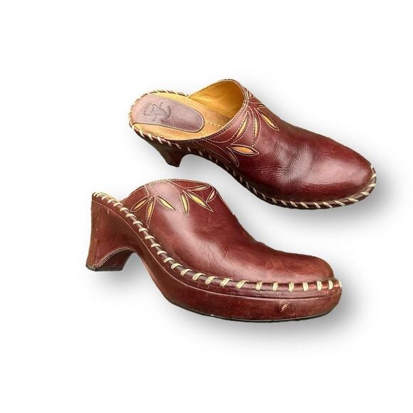 Frye Women's Charlotte Brown Leather Heeled Mule Clogs Size 8.5 boho - Picture 7 of 16